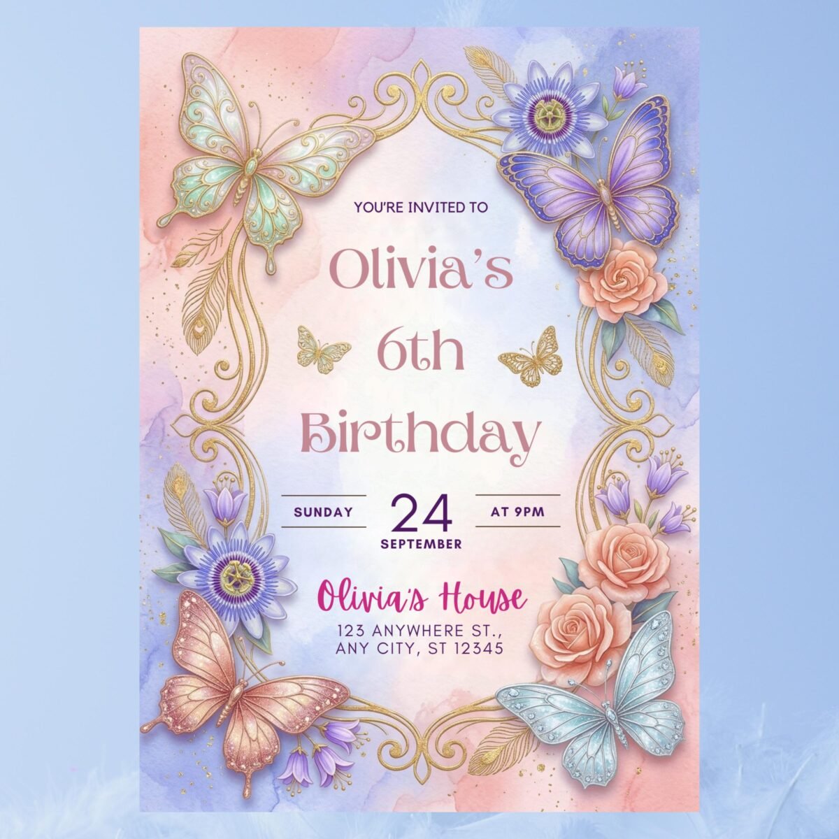 Butterfly Birthday Invitation for 6th Girl Party Template - Image 3