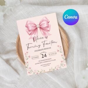 16th Birthday Invitation Pink Bow Coquette Template