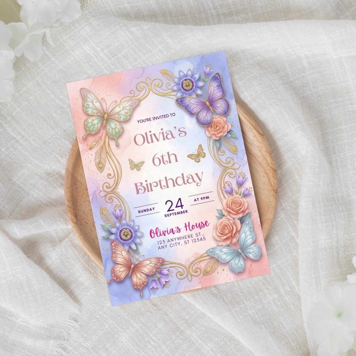 Butterfly Birthday Invitation for 6th Girl Party Template