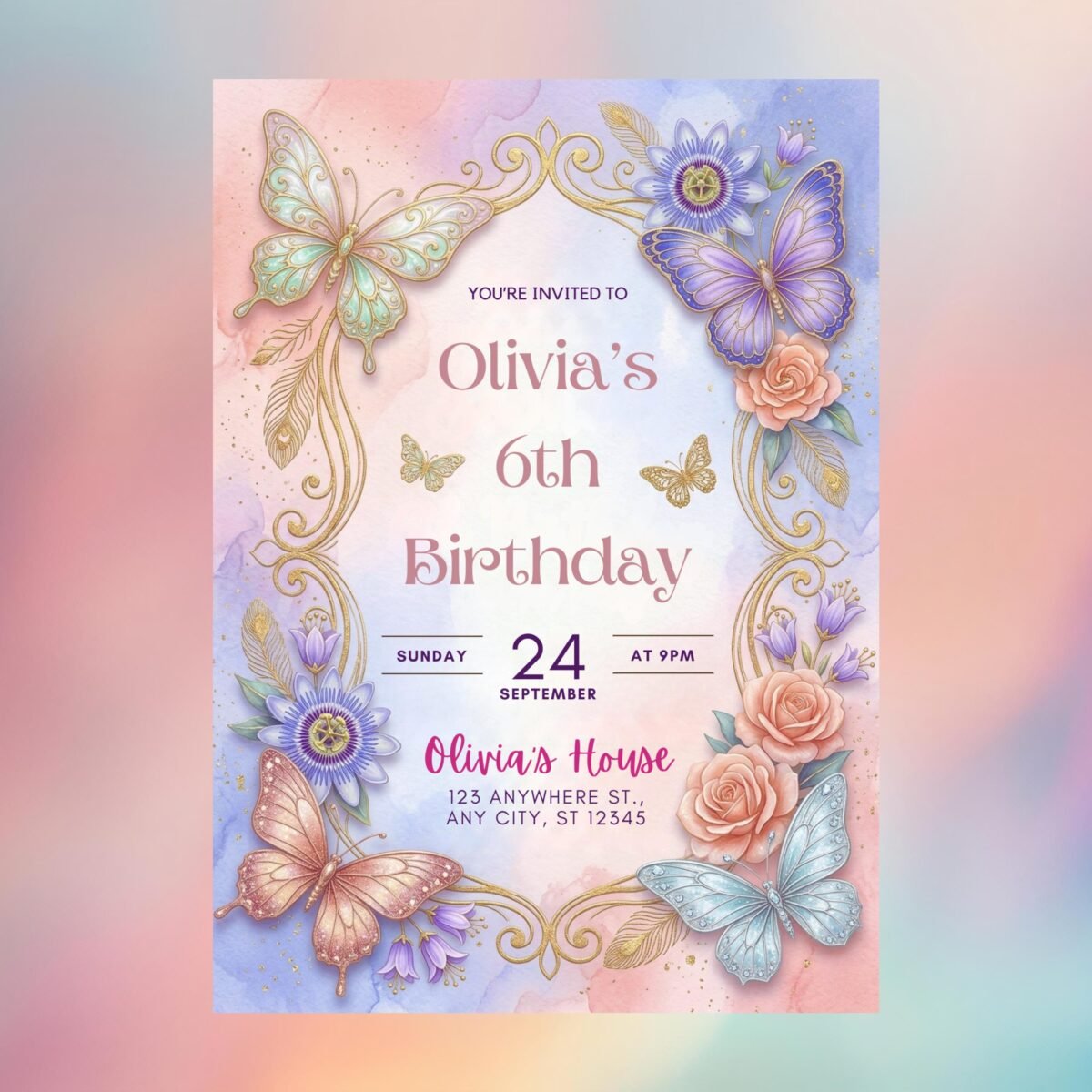 Butterfly Birthday Invitation for 6th Girl Party Template - Image 13