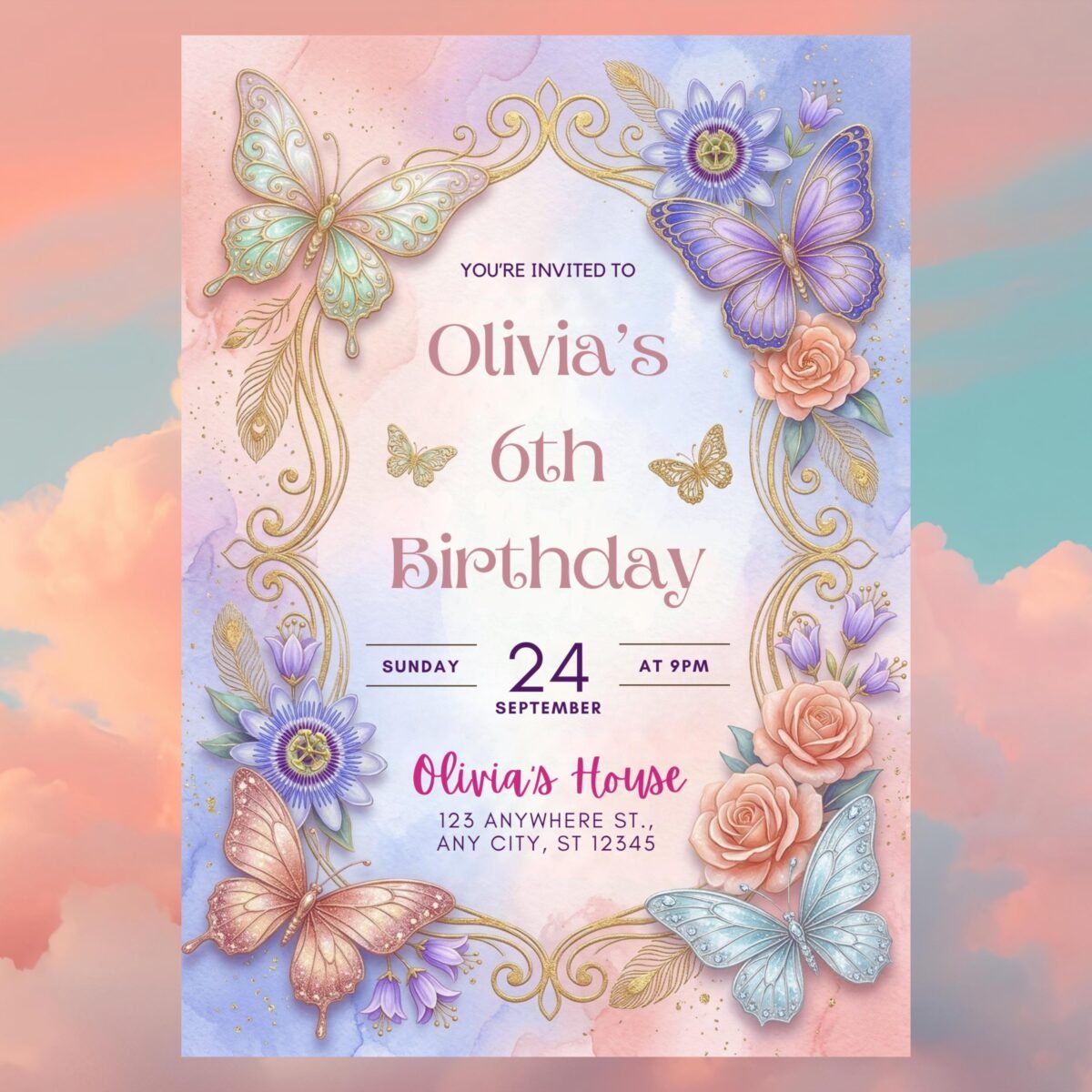 Butterfly Birthday Invitation for 6th Girl Party Template - Image 15