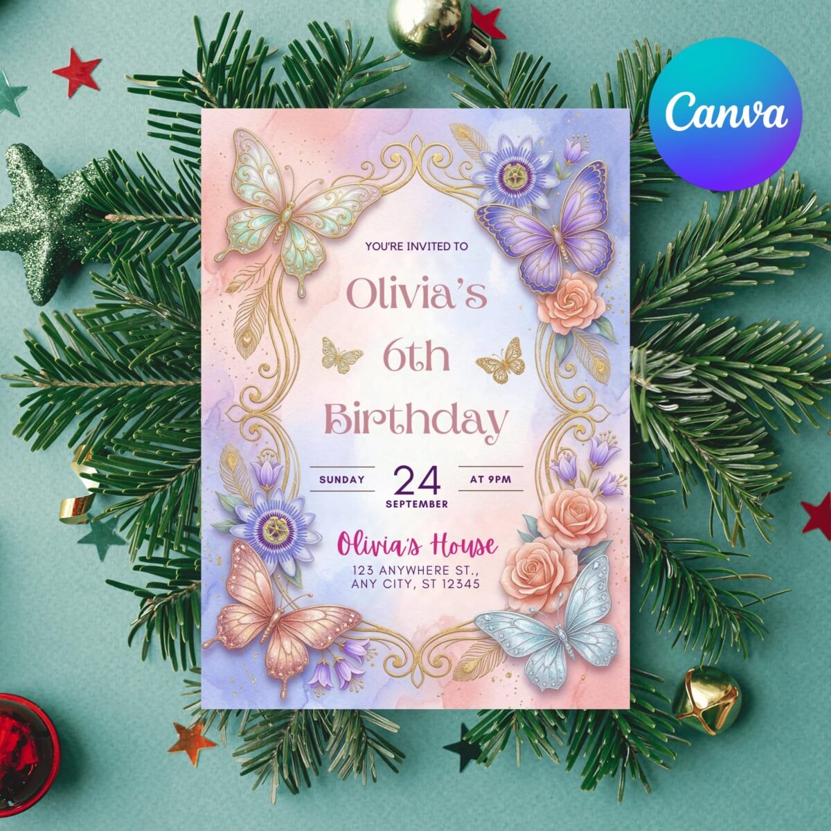 Butterfly Birthday Invitation for 6th Girl Party Template - Image 2