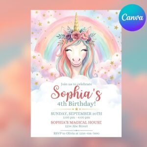 Unicorn Birthday Invitation - Editable Watercolor Template