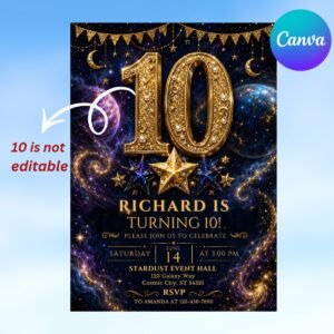 Galaxy 10th Birthday Invitation Template - Editable Canva