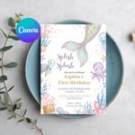 Mermaid Birthday Invitation Template - Editable Canva Invite