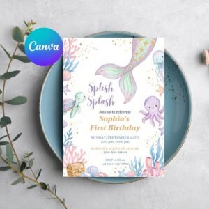 Mermaid Birthday Invitation Template - Editable Canva Invite