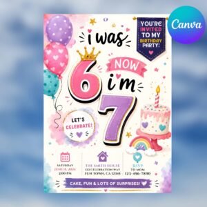 7th Birthday Invitation - Editable Canva Template Instant Download