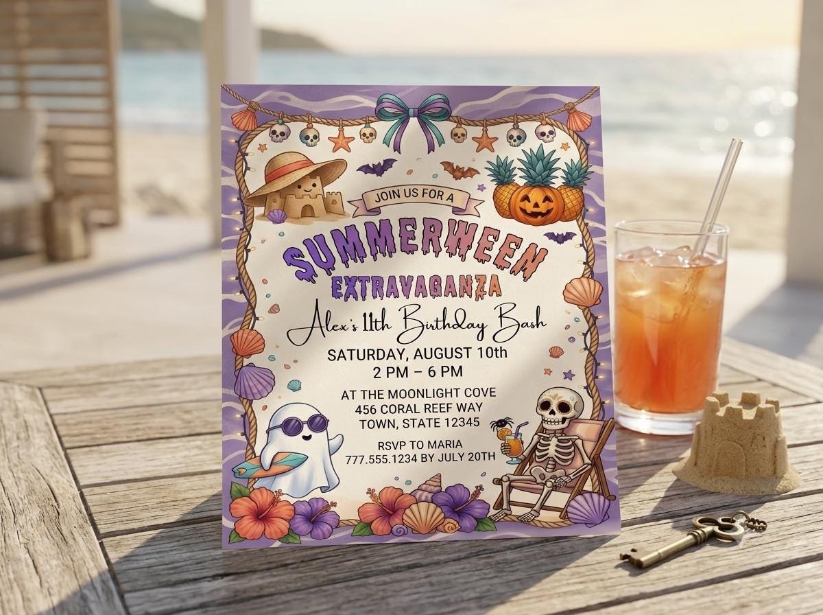 Summerween Birthday Invitation - Editable Ghost Pool Party Invite - Image 2