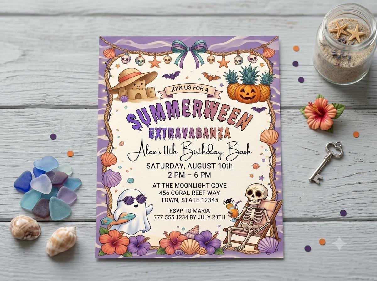Summerween Birthday Invitation - Editable Ghost Pool Party Invite - Image 3