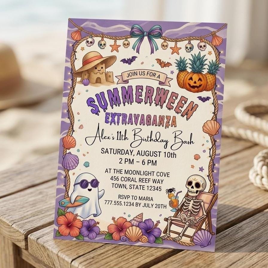 Summerween Birthday Invitation - Editable Ghost Pool Party Invite