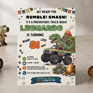 Dino Truck Birthday Invitation - Editable 5th Birthday Invite