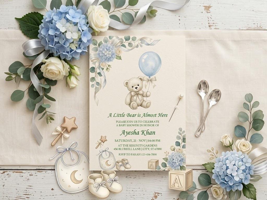 Bear Baby Shower Invitation - Editable Brown Bear Balloon Invite - Image 3
