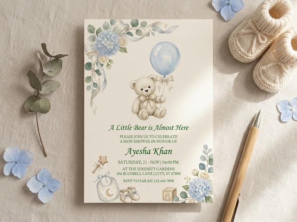 Bear Baby Shower Invitation - Editable Brown Bear Balloon Invite