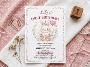Bunny First Birthday Invitation - Customizable Canva Template