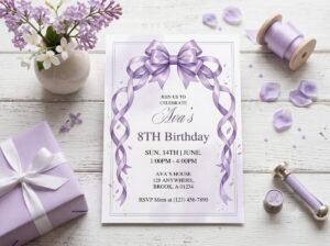 Purple Ribbon Birthday Invitation - Editable 8th Birthday Invite