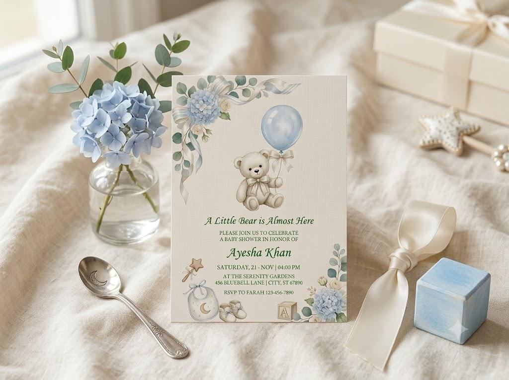 Bear Baby Shower Invitation - Editable Brown Bear Balloon Invite - Image 2