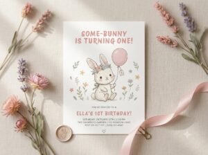 Bunny First Birthday Invitation - Editable Pink Boho Invite