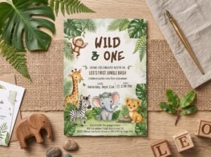 Jungle Safari Invitation for 1st Birthday - Editable Template