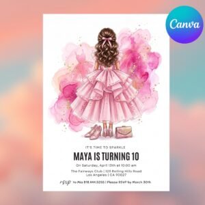 Fashion Doll Birthday Invitation - Editable Pink Glitter Party