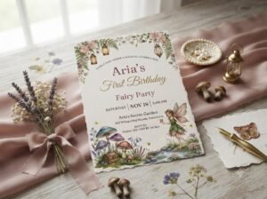 First Birthday Invitation - Fairy Party Editable Canva Template