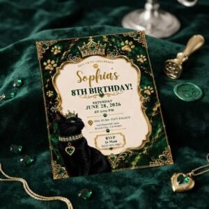 Cat Birthday Invitation - Emerald Green & Gold Template