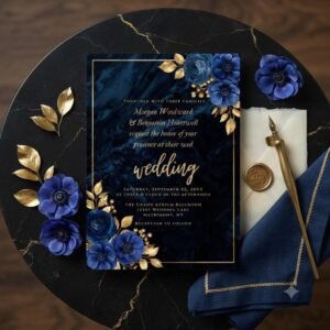 Blue Floral Wedding Invitation Editable Canva Template