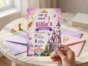 7th Birthday Invitation - Princess Castle Unicorn Template