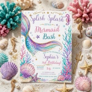 Mermaid Birthday Invitation - Editable Canva Template
