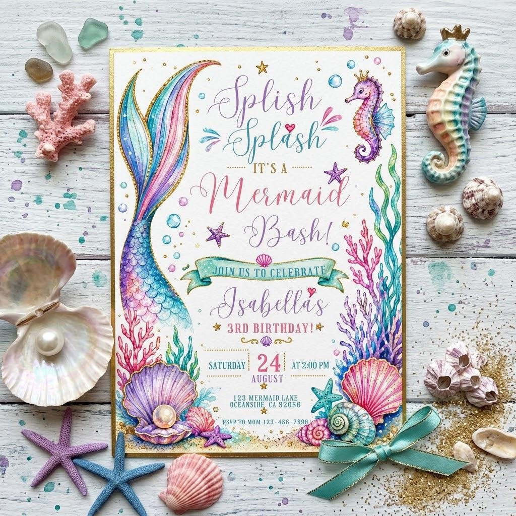 Mermaid Birthday Invitation - Editable Canva Template