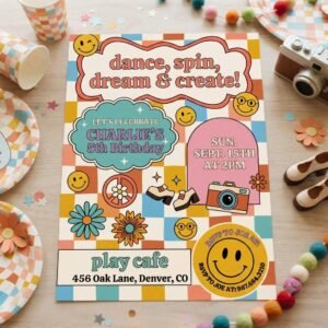 70s Birthday Invitation - Editable Vintage Kids Party Template