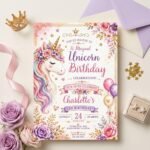 Unicorn Birthday Invitation Editable Canva Template