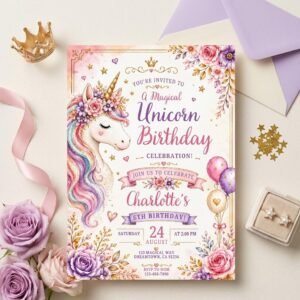 Unicorn Birthday Invitation Editable Canva Template