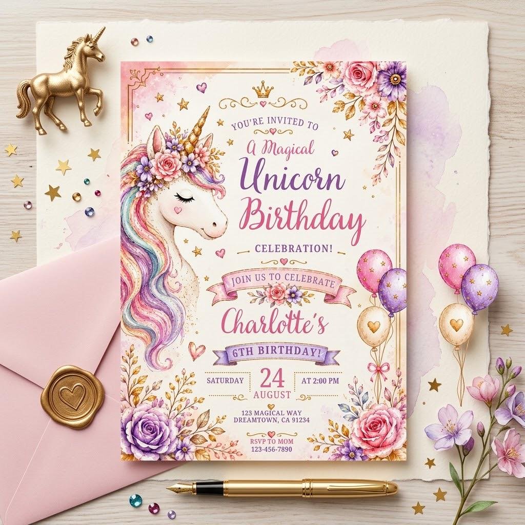 Unicorn Birthday Invitation Editable Canva Template - Image 3
