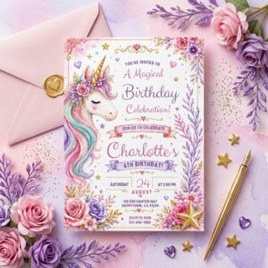 Unicorn Birthday Invitation - Editable Canva Template