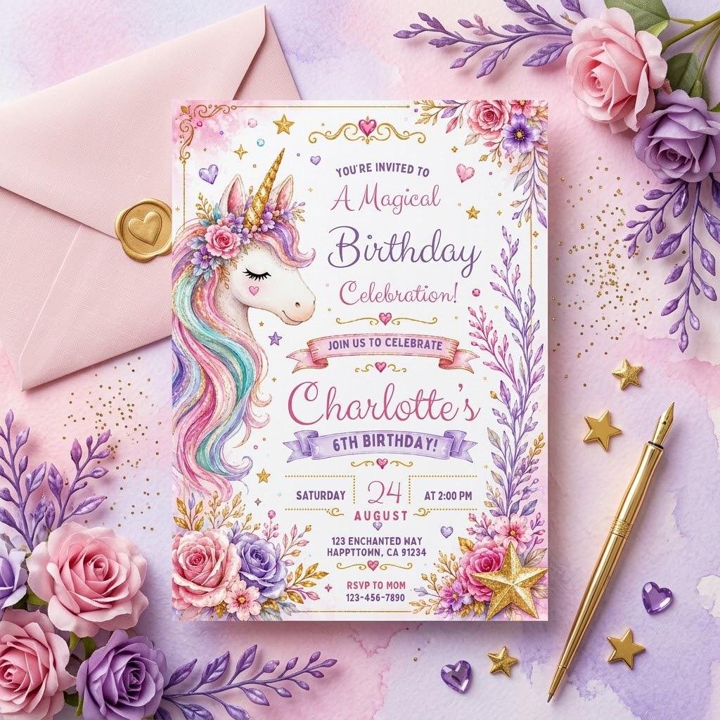 Unicorn Birthday Invitation - Editable Canva Template