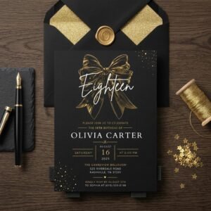 18th Birthday Invitation Template with Gold Bow - Editable Canva