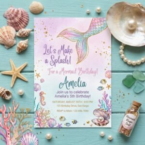 Mermaid Birthday Invitation Editable Canva Template