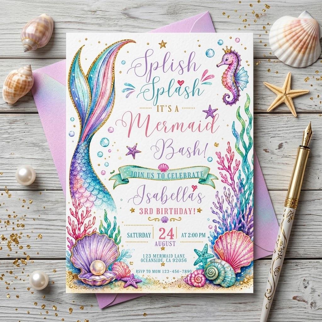 Mermaid Birthday Invitation - Editable Canva Template - Image 2