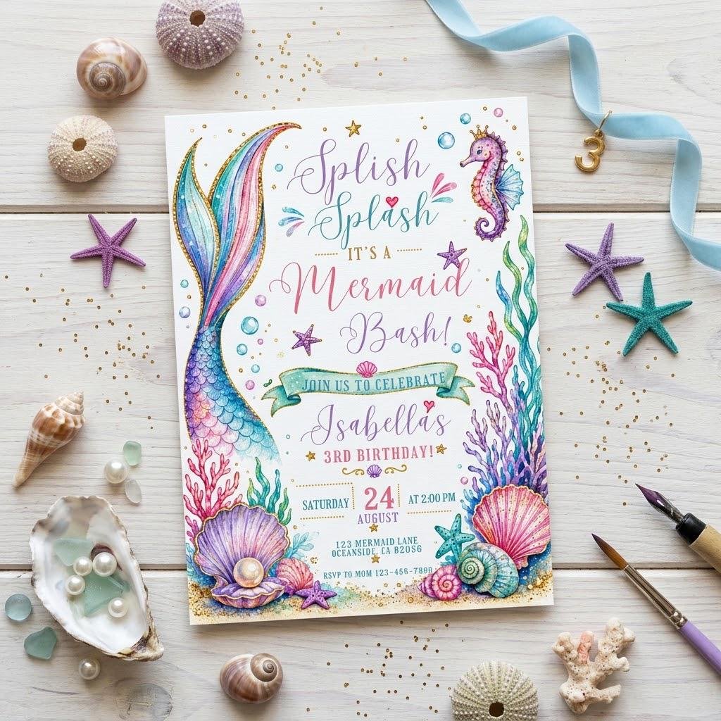 Mermaid Birthday Invitation - Editable Canva Template - Image 3