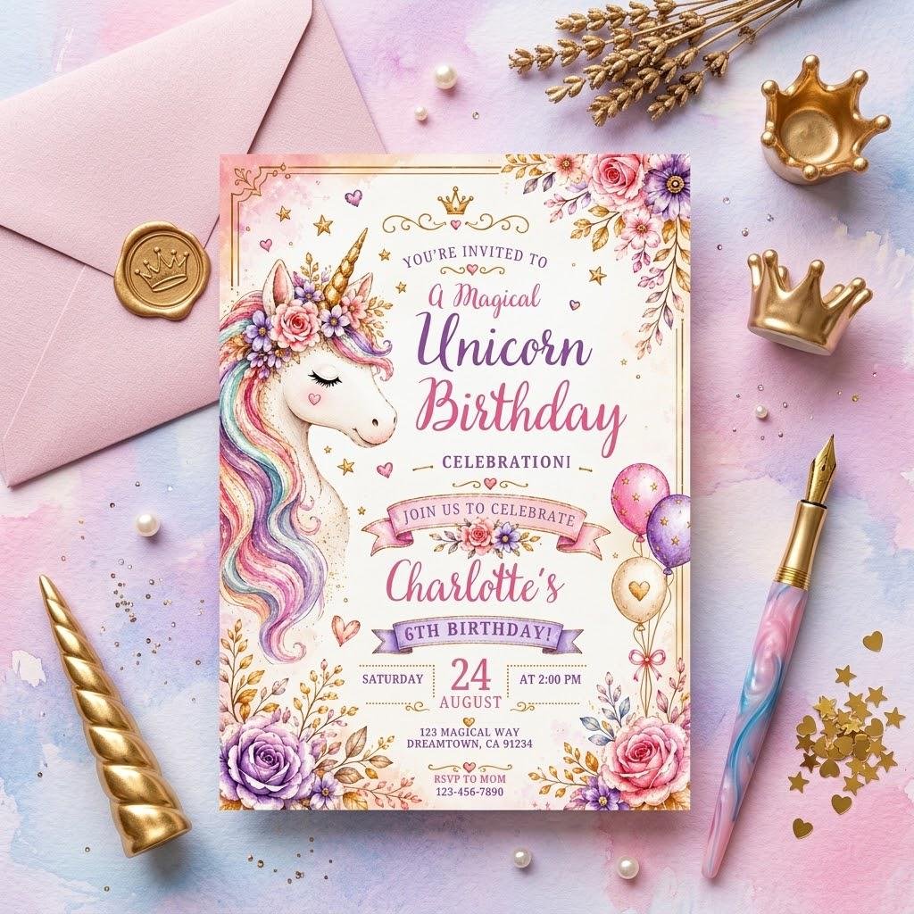 Unicorn Birthday Invitation Editable Canva Template - Image 2