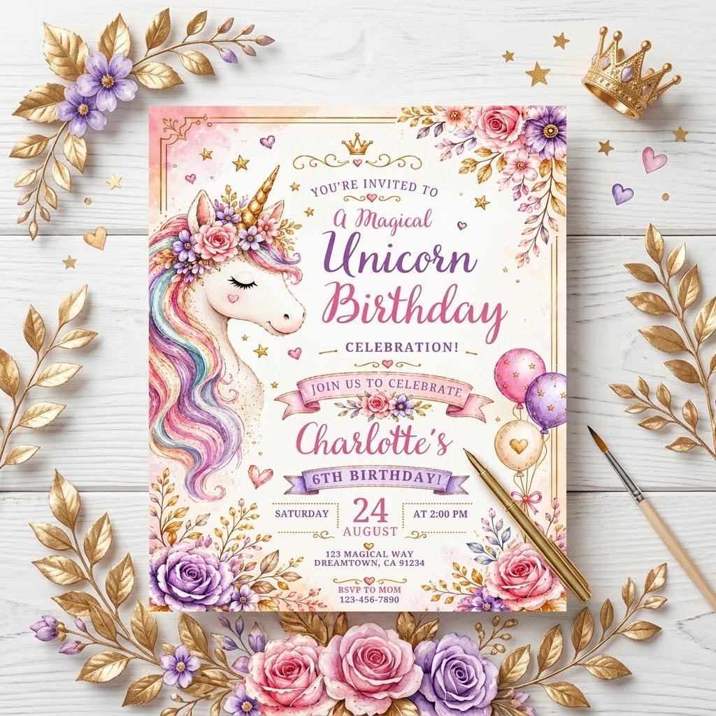 Unicorn Birthday Invitation Editable Canva Template - Image 4
