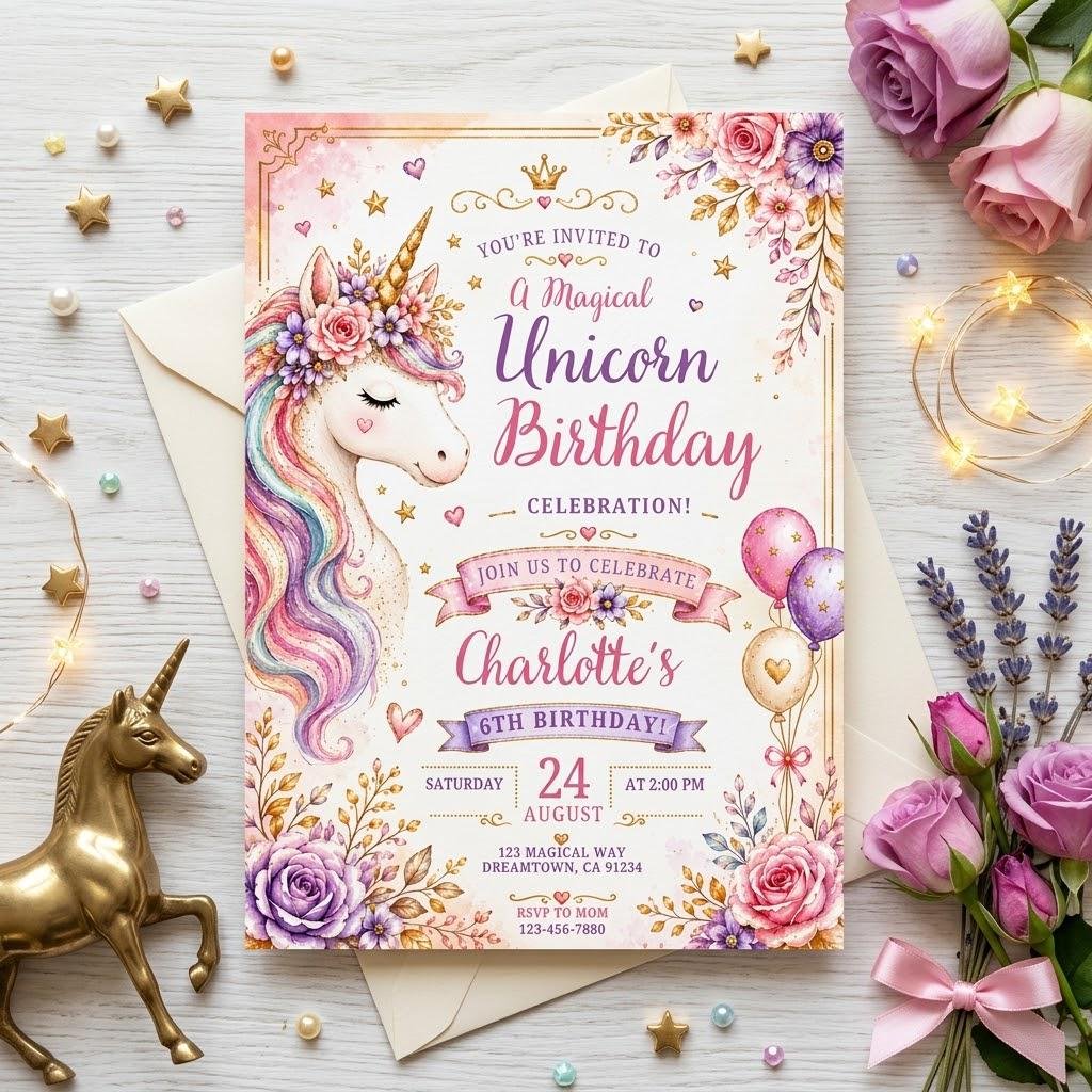 Unicorn Birthday Invitation Editable Canva Template - Image 5