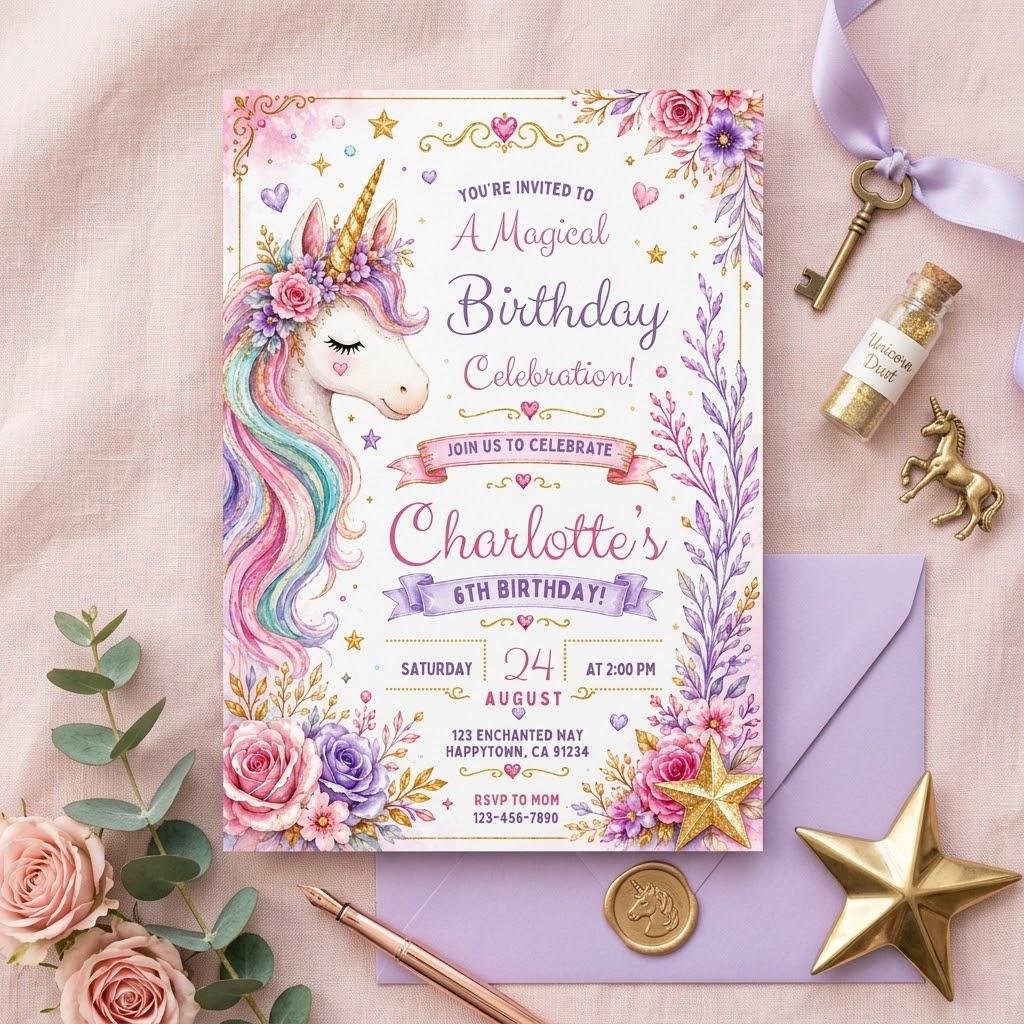 Unicorn Birthday Invitation - Editable Canva Template - Image 2