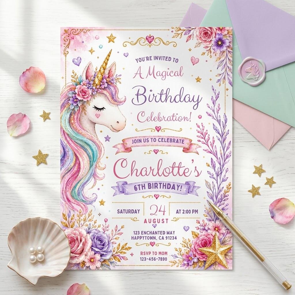 Unicorn Birthday Invitation - Editable Canva Template - Image 3