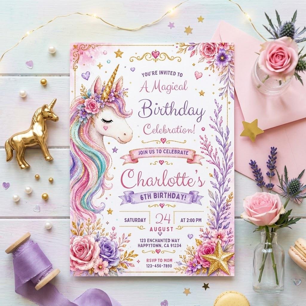 Unicorn Birthday Invitation - Editable Canva Template - Image 5