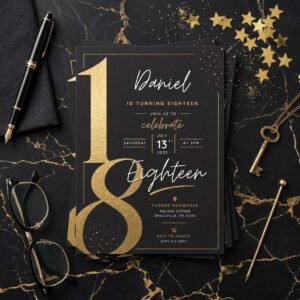 18th Birthday Invitation Editable Canva Template Black Gold