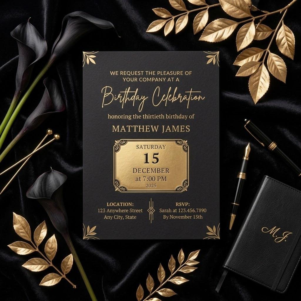 30th Birthday Invitation - Elegant Gold & Black Template - Image 3