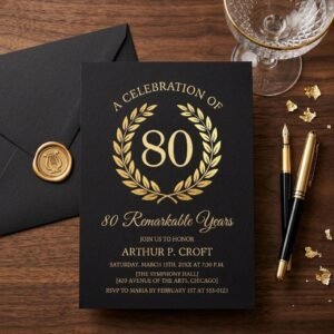 80th Birthday Invitation Template - Elegant Gold Black Design