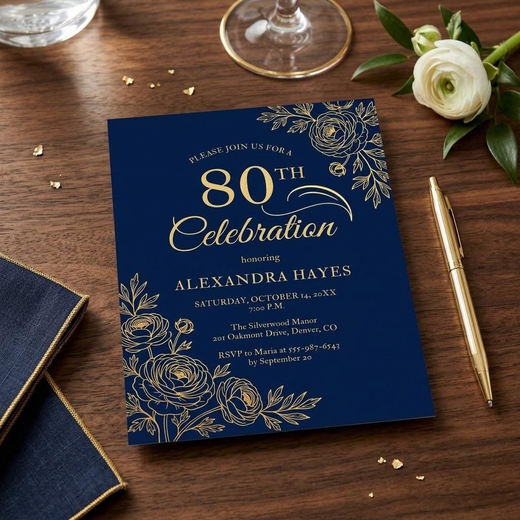80th Birthday Invitation Navy Blue Gold Floral Template - Image 2