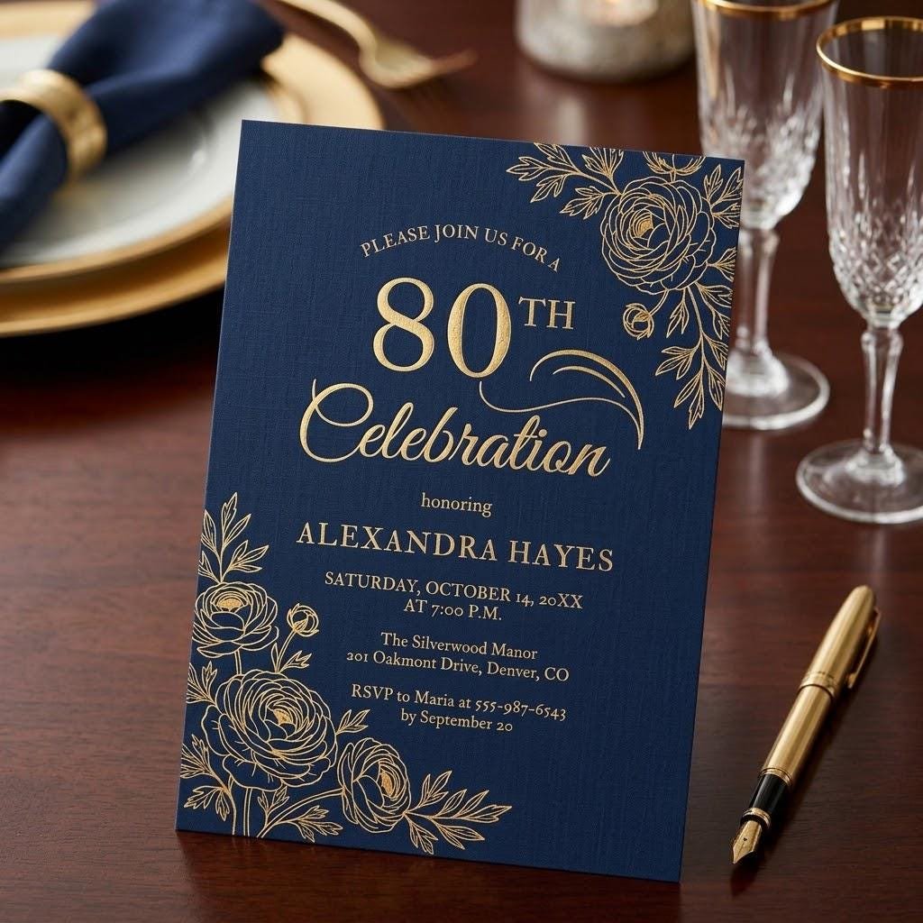 80th Birthday Invitation Navy Blue Gold Floral Template - Image 3